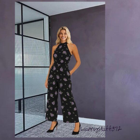 💃Beautiful Black Floral Jumpsuit with Halter Neckline - Picture 1 of 5